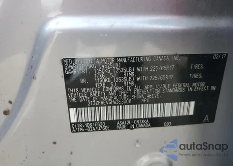 2017 Toyota Rav4 Le z USA, uszkodzony, nr VIN 2T3ZFREV6HW353008